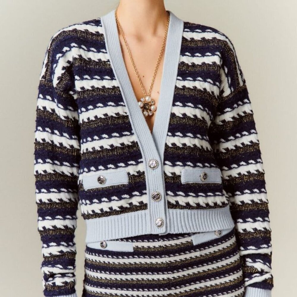 Women's Striped Blue White Cashmere Blend Lady Jacket Cardigan Sweater